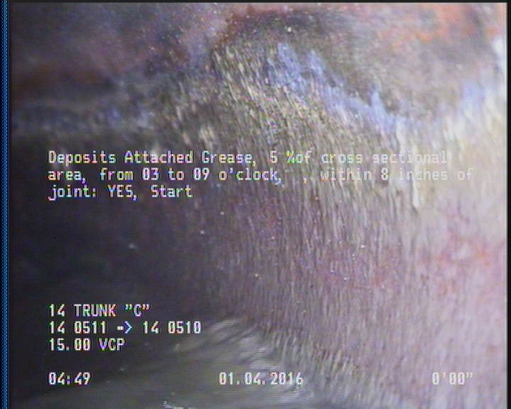 Deposits Attached Grease, 5 %of cross sectional area, from 03 to 09 o'clock, , within 8 inches of joint: YES, Start