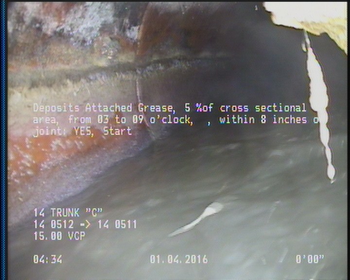 Deposits Attached Grease, 5 %of cross sectional area, from 03 to 09 o'clock, , within 8 inches of joint: YES, Start