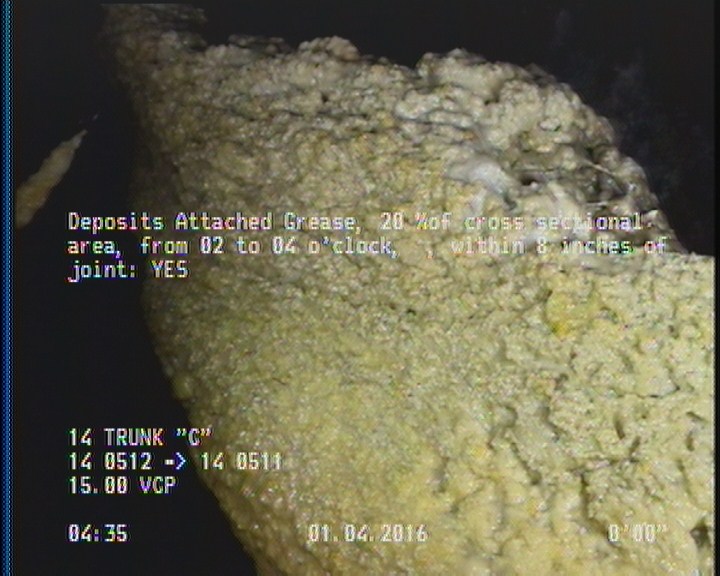 Deposits Attached Grease, 20 %of cross sectional area, from 02 to 04 o'clock, , within 8 inches of joint: YES