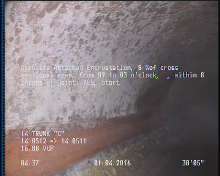 Deposits Attached Encrustation, 5 %of cross sectional area, from 09 to 03 o'clock, , within 8 inches of joint: YES, Start
