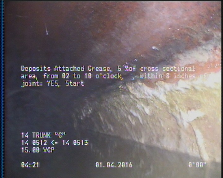 Deposits Attached Grease, 5 %of cross sectional area, from 02 to 10 o'clock, , within 8 inches of joint: YES, Start