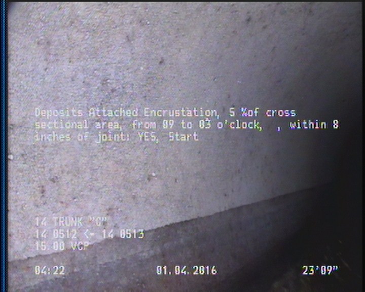 Deposits Attached Encrustation, 5 %of cross sectional area, from 09 to 03 o'clock, , within 8 inches of joint: YES, Start