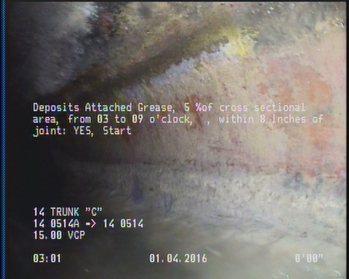 Deposits Attached Grease, 5 %of cross sectional area, from 03 to 09 o'clock, , within 8 inches of joint: YES, Start