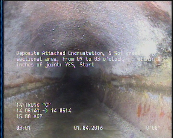 Deposits Attached Encrustation, 5 %of cross sectional area, from 09 to 03 o'clock, , within 8 inches of joint: YES, Start