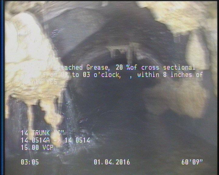 Deposits Attached Grease, 20 %of cross sectional area, from 09 to 03 o'clock, , within 8 inches of joint: YES