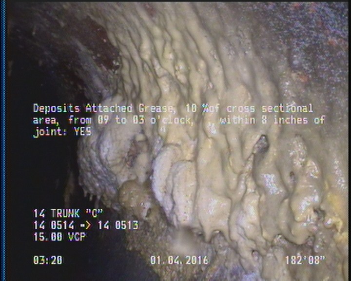 Deposits Attached Grease, 10 %of cross sectional area, from 09 to 03 o'clock, , within 8 inches of joint: YES