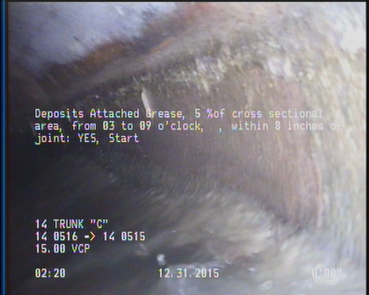 Deposits Attached Grease, 5 %of cross sectional area, from 03 to 09 o'clock, , within 8 inches of joint: YES, Start