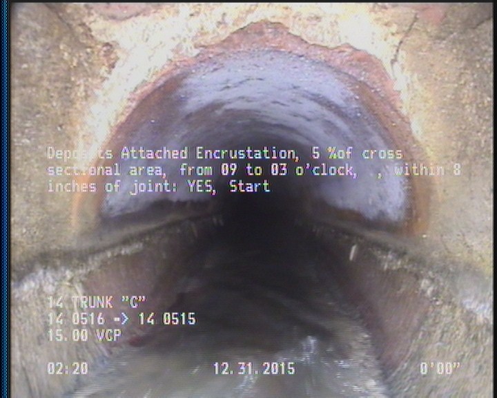 Deposits Attached Encrustation, 5 %of cross sectional area, from 09 to 03 o'clock, , within 8 inches of joint: YES, Start