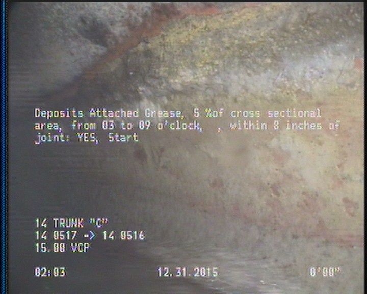 Deposits Attached Grease, 5 %of cross sectional area, from 03 to 09 o'clock, , within 8 inches of joint: YES, Start