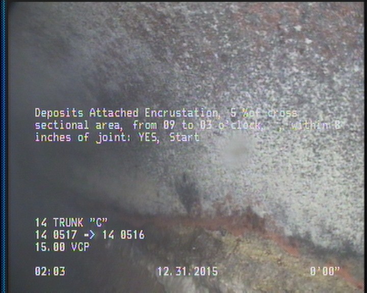 Deposits Attached Encrustation, 5 %of cross sectional area, from 09 to 03 o'clock, , within 8 inches of joint: YES, Start