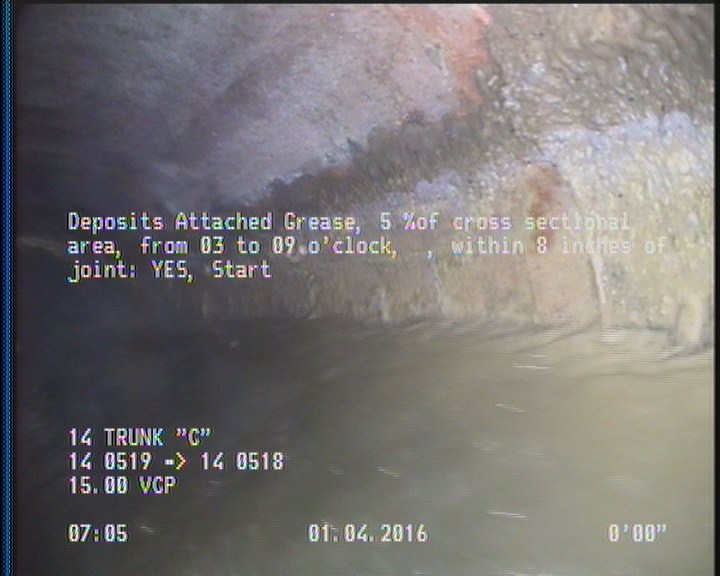 Deposits Attached Grease, 5 %of cross sectional area, from 03 to 09 o'clock, , within 8 inches of joint: YES, Start