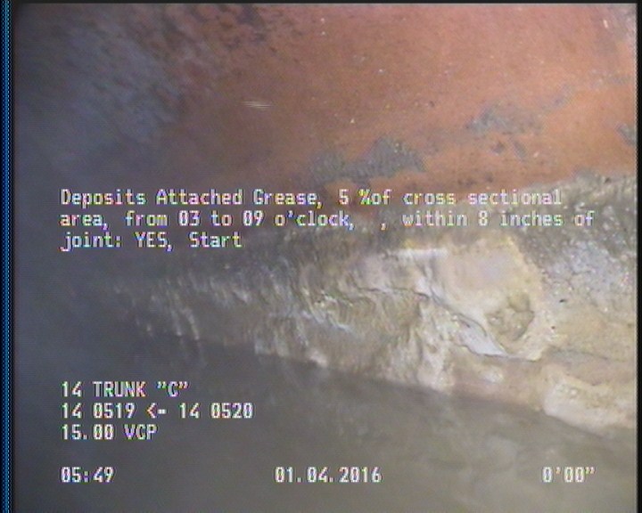 Deposits Attached Grease, 5 %of cross sectional area, from 03 to 09 o'clock, , within 8 inches of joint: YES, Start