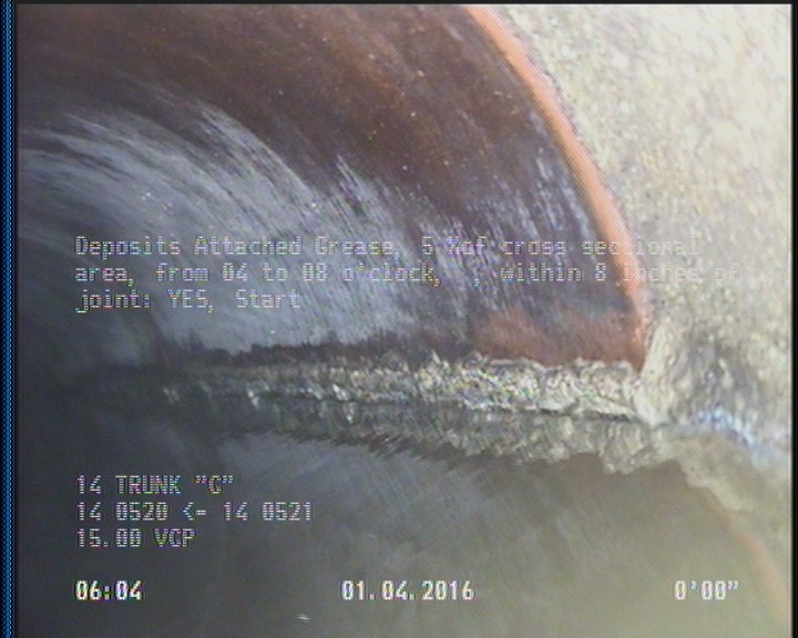 Deposits Attached Grease, 5 %of cross sectional area, from 04 to 08 o'clock, , within 8 inches of joint: YES, Start