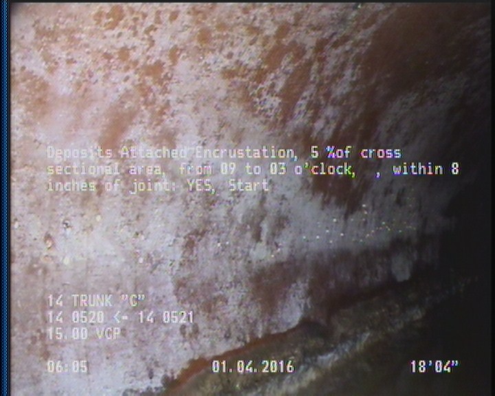 Deposits Attached Encrustation, 5 %of cross sectional area, from 09 to 03 o'clock, , within 8 inches of joint: YES, Start