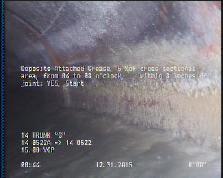 Deposits Attached Grease, 5 %of cross sectional area, from 04 to 08 o'clock, , within 8 inches of joint: YES, Start