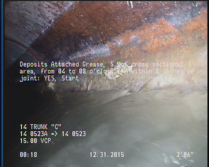 Deposits Attached Grease, 5 %of cross sectional area, from 04 to 08 o'clock, , within 8 inches of joint: YES, Start