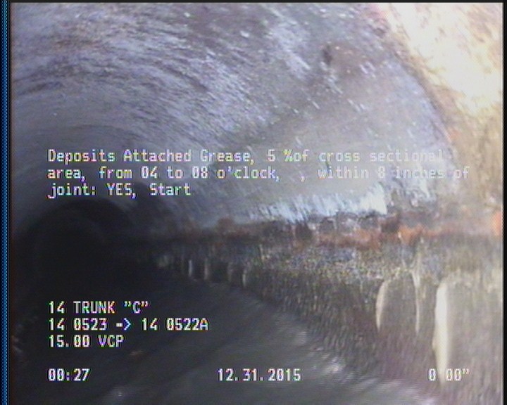 Deposits Attached Grease, 5 %of cross sectional area, from 04 to 08 o'clock, , within 8 inches of joint: YES, Start