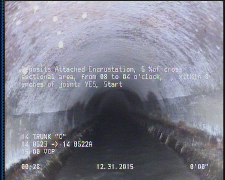 Deposits Attached Encrustation, 5 %of cross sectional area, from 08 to 04 o'clock, , within 8 inches of joint: YES, Start