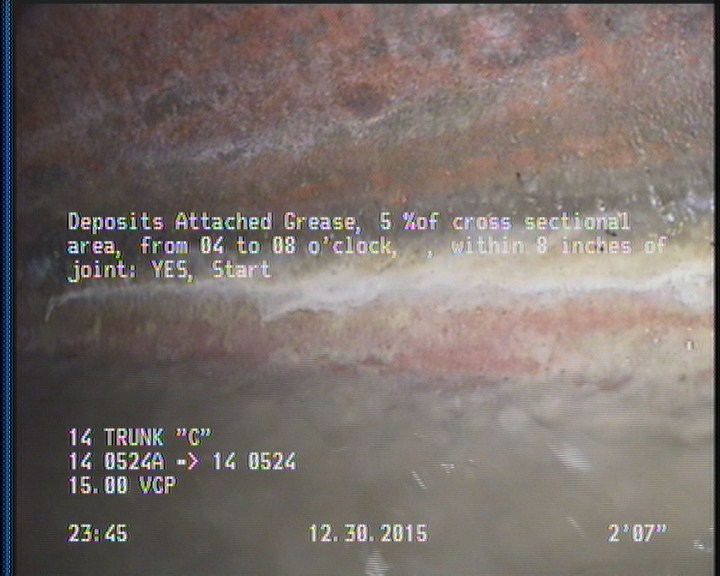 Deposits Attached Grease, 5 %of cross sectional area, from 04 to 08 o'clock, , within 8 inches of joint: YES, Start