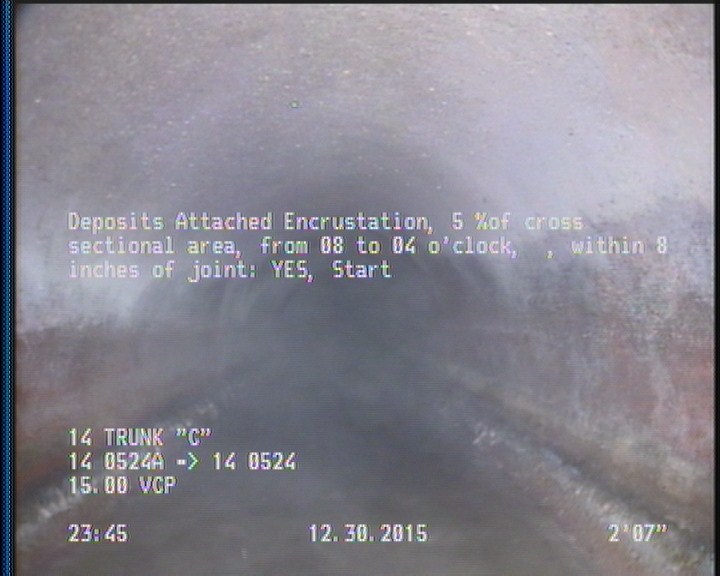 Deposits Attached Encrustation, 5 %of cross sectional area, from 08 to 04 o'clock, , within 8 inches of joint: YES, Start