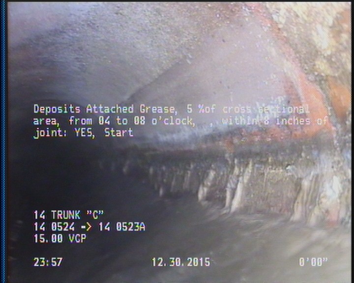Deposits Attached Grease, 5 %of cross sectional area, from 04 to 08 o'clock, , within 8 inches of joint: YES, Start