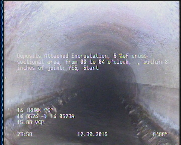 Deposits Attached Encrustation, 5 %of cross sectional area, from 08 to 04 o'clock, , within 8 inches of joint: YES, Start