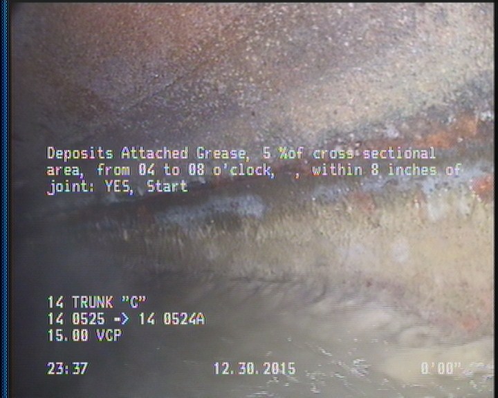 Deposits Attached Grease, 5 %of cross sectional area, from 04 to 08 o'clock, , within 8 inches of joint: YES, Start