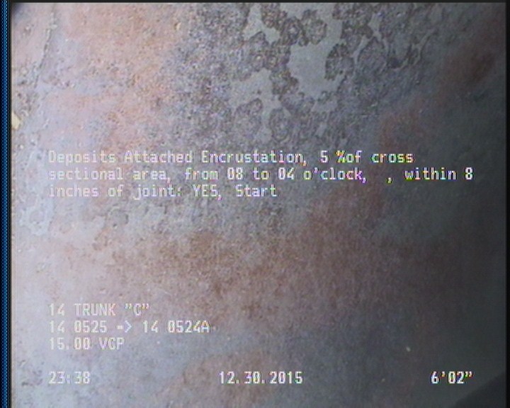 Deposits Attached Encrustation, 5 %of cross sectional area, from 08 to 04 o'clock, , within 8 inches of joint: YES, Start