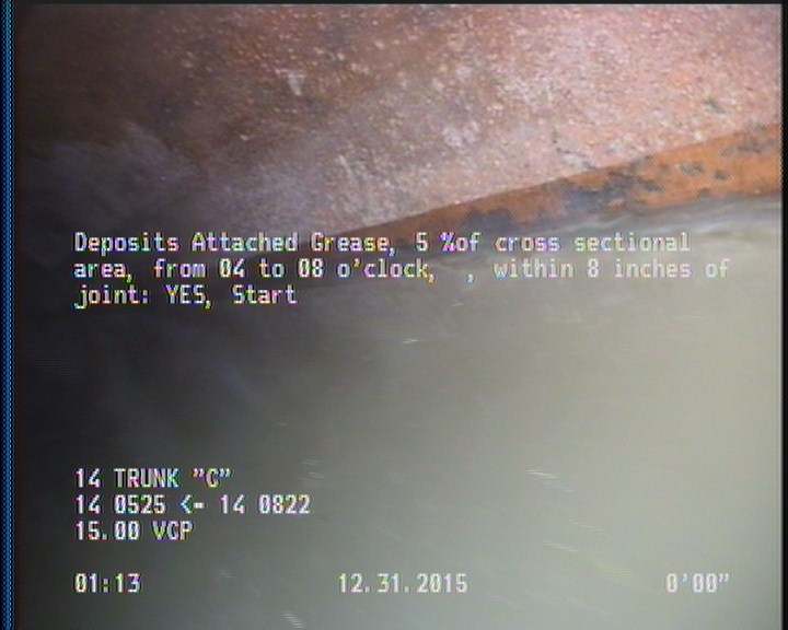 Deposits Attached Grease, 5 %of cross sectional area, from 04 to 08 o'clock, , within 8 inches of joint: YES, Start