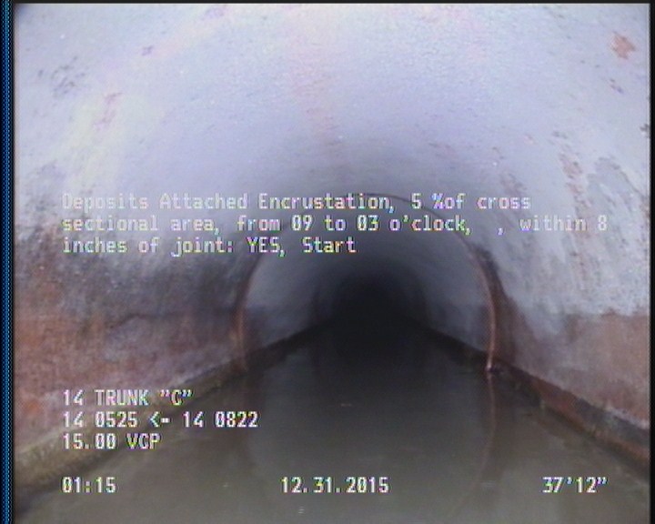 Deposits Attached Encrustation, 5 %of cross sectional area, from 09 to 03 o'clock, , within 8 inches of joint: YES, Start