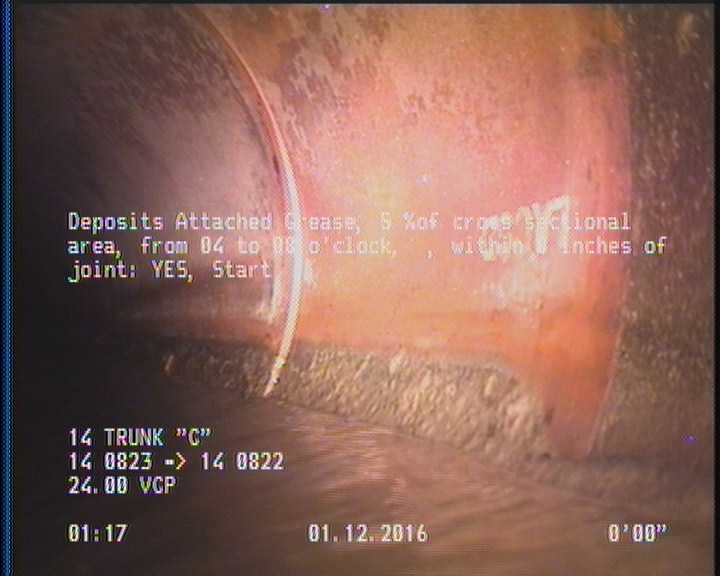 Deposits Attached Grease, 5 %of cross sectional area, from 04 to 08 o'clock, , within 8 inches of joint: YES, Start