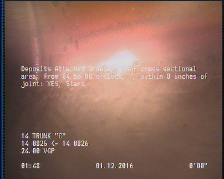 Deposits Attached Grease, 5 %of cross sectional area, from 04 to 08 o'clock, , within 8 inches of joint: YES, Start