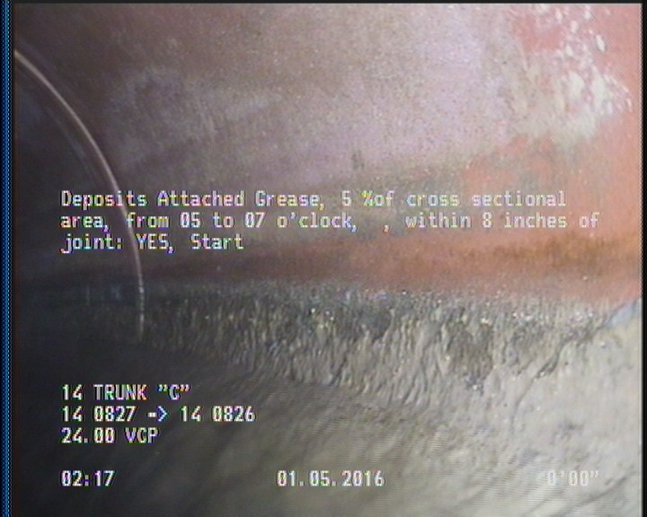 Deposits Attached Grease, 5 %of cross sectional area, from 05 to 07 o'clock, , within 8 inches of joint: YES, Start