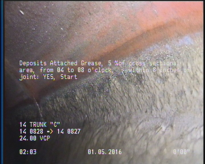 Deposits Attached Grease, 5 %of cross sectional area, from 04 to 08 o'clock, , within 8 inches of joint: YES, Start