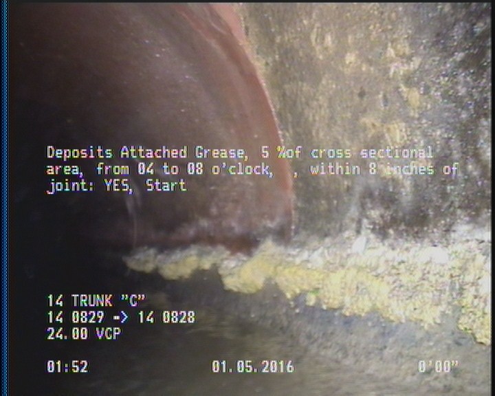 Deposits Attached Grease, 5 %of cross sectional area, from 04 to 08 o'clock, , within 8 inches of joint: YES, Start