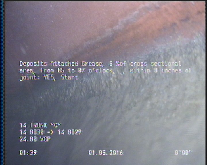 Deposits Attached Grease, 5 %of cross sectional area, from 05 to 07 o'clock, , within 8 inches of joint: YES, Start