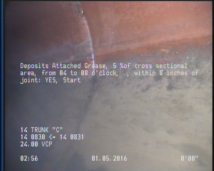 Deposits Attached Grease, 5 %of cross sectional area, from 04 to 08 o'clock, , within 8 inches of joint: YES, Start