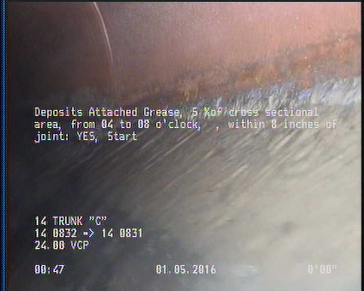 Deposits Attached Grease, 5 %of cross sectional area, from 04 to 08 o'clock, , within 8 inches of joint: YES, Start
