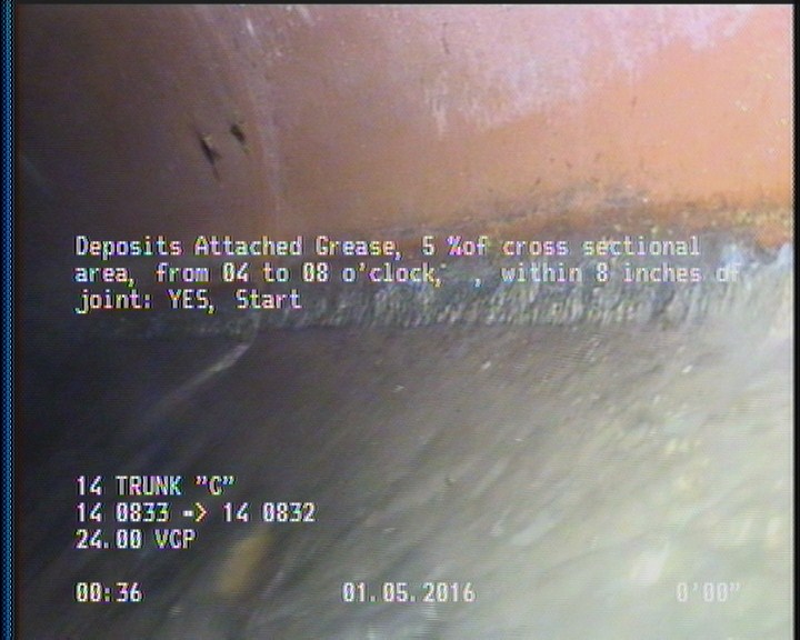 Deposits Attached Grease, 5 %of cross sectional area, from 04 to 08 o'clock, , within 8 inches of joint: YES, Start
