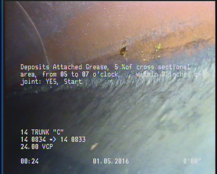 Deposits Attached Grease, 5 %of cross sectional area, from 05 to 07 o'clock, , within 8 inches of joint: YES, Start