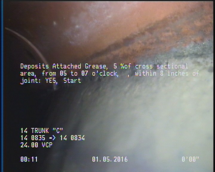 Deposits Attached Grease, 5 %of cross sectional area, from 05 to 07 o'clock, , within 8 inches of joint: YES, Start