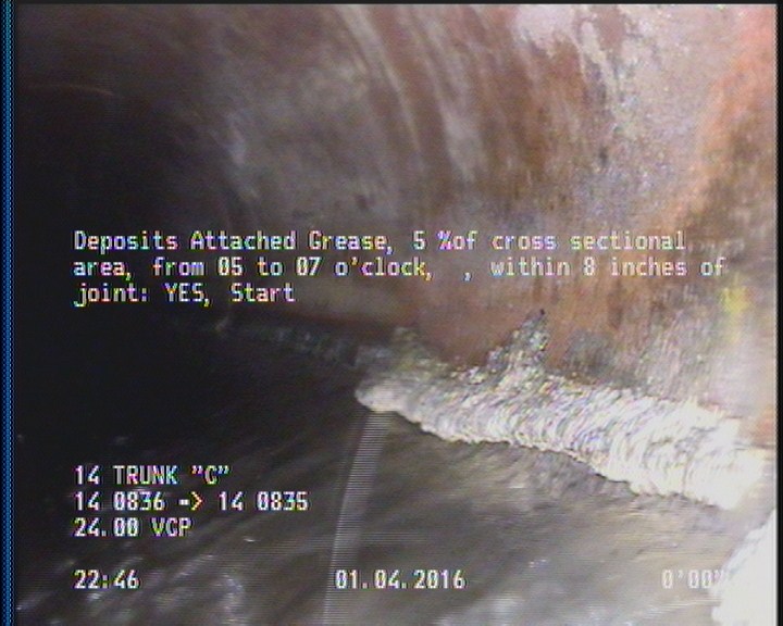 Deposits Attached Grease, 5 %of cross sectional area, from 05 to 07 o'clock, , within 8 inches of joint: YES, Start