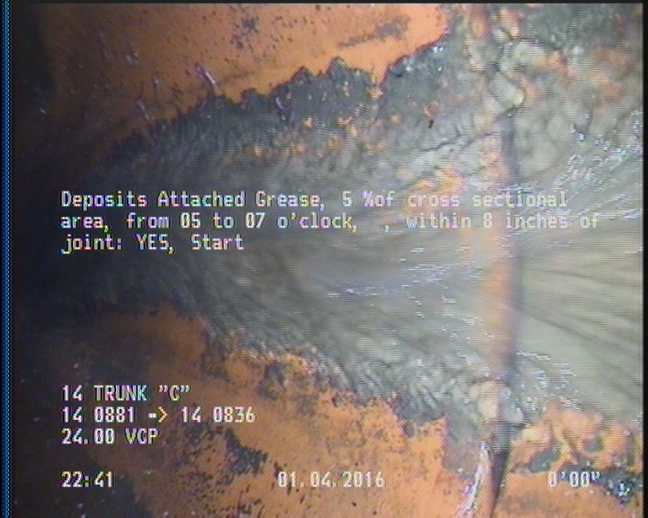 Deposits Attached Grease, 5 %of cross sectional area, from 05 to 07 o'clock, , within 8 inches of joint: YES, Start