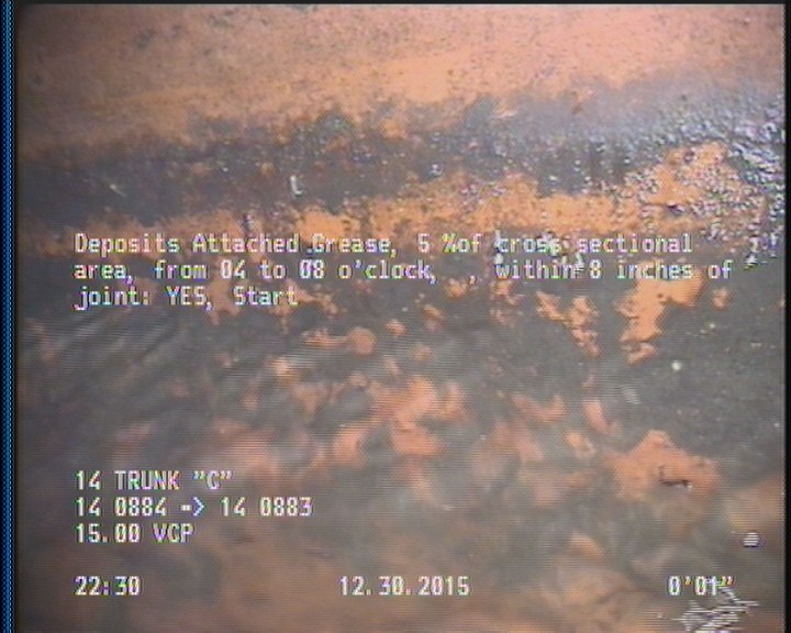 Deposits Attached Grease, 5 %of cross sectional area, from 04 to 08 o'clock, , within 8 inches of joint: YES, Start