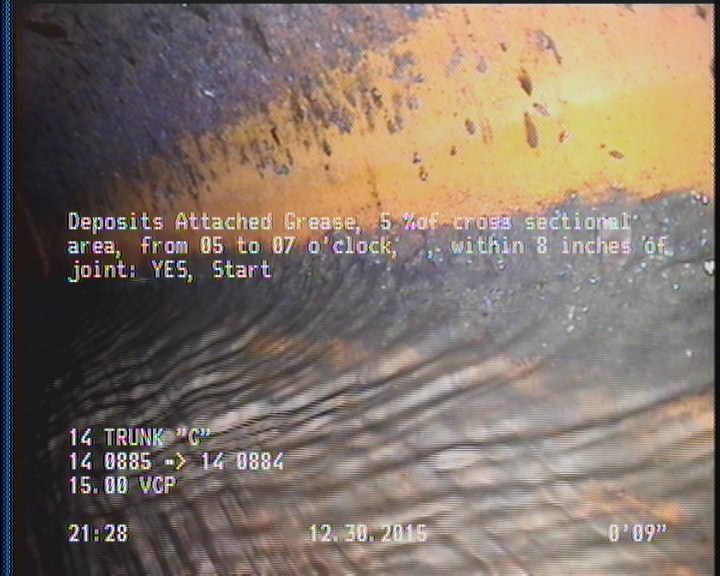 Deposits Attached Grease, 5 %of cross sectional area, from 05 to 07 o'clock, , within 8 inches of joint: YES, Start