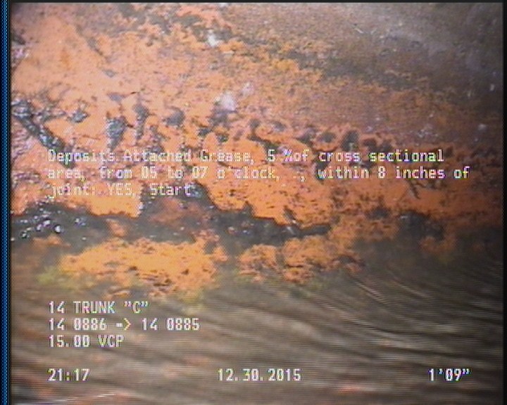 Deposits Attached Grease, 5 %of cross sectional area, from 05 to 07 o'clock, , within 8 inches of joint: YES, Start