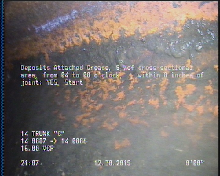 Deposits Attached Grease, 5 %of cross sectional area, from 04 to 08 o'clock, , within 8 inches of joint: YES, Start