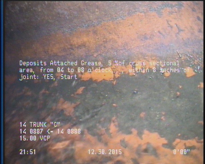 Deposits Attached Grease, 5 %of cross sectional area, from 04 to 08 o'clock, , within 8 inches of joint: YES, Start
