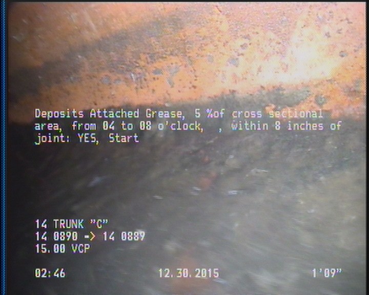 Deposits Attached Grease, 5 %of cross sectional area, from 04 to 08 o'clock, , within 8 inches of joint: YES, Start
