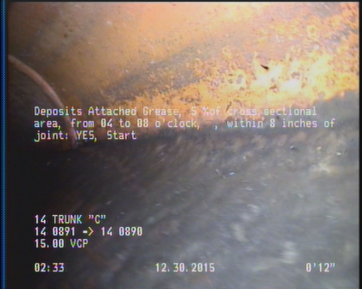 Deposits Attached Grease, 5 %of cross sectional area, from 04 to 08 o'clock, , within 8 inches of joint: YES, Start